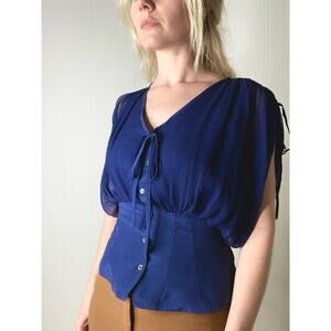 FALLS Silk Navy Blouson Cropped Dolman Sleeve Button Up Blouse US 2